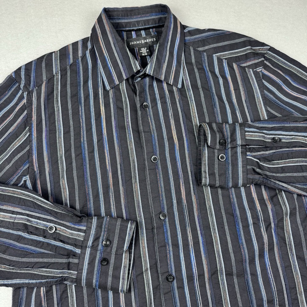 Vintage Jhane Barnes Silk Blend Button Shirt Men M Black LS Stripe Abstract